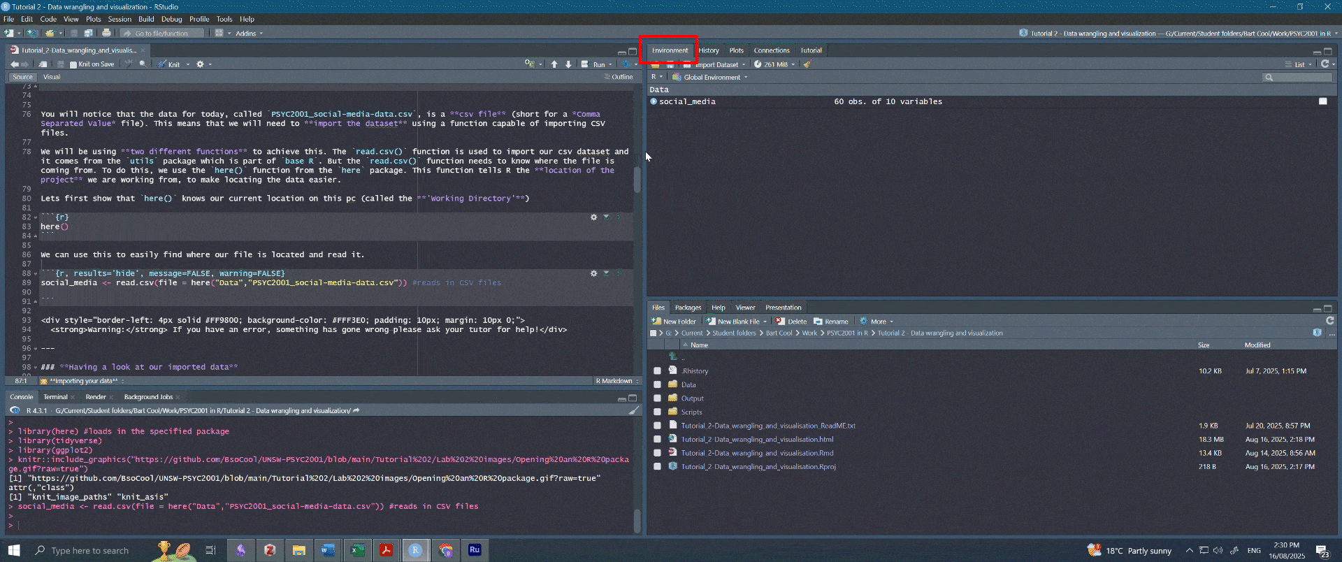 Navigating to dataset. Note that the person who made this fancy gif had their R Studio in dark mode, so the colours are different. Both your screen, and your RStudio, are working perfectly fine.